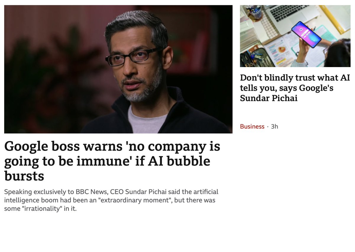 The AI bubble has been created by tech companies trying to productise something that should be helping humanity with bigger challenges. AI is in its infancy and based on limited information. Would you trust the opinion of a 4 year old on nuclear physics? #SundarPichai