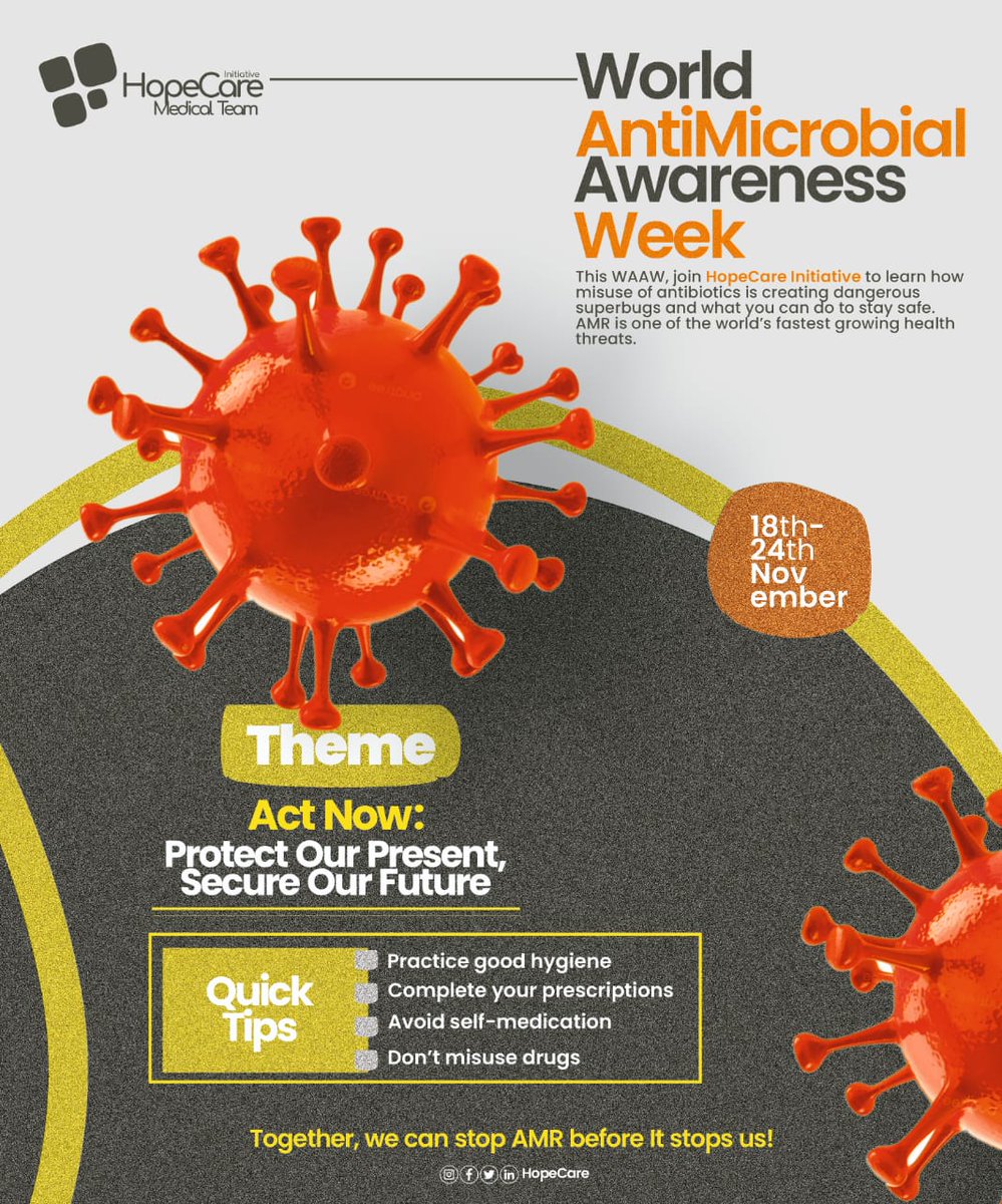 HopeCareIn5385's tweet photo. Antimicrobial resistance is on the rise, awareness saves lives.
This #WAAW2025, HopeCare Initiative urges everyone to use antibiotics responsibly and protect our future. 

#WAAW2025 
#AntimicrobialResistance #HopeCareInitiative
#HopeCareMedical https://t.co/5OEIoWv58T