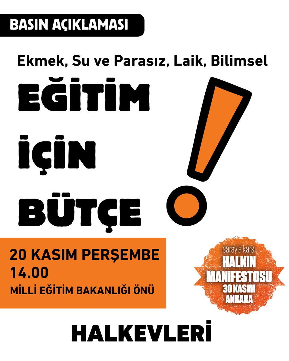 📢 Eğitim İçin Bütçe Talebiyle Bakanlık Önünde Eylemdeyiz! 

MEB bütçesi görüşülürken Halkevciler olarak şartlarımızla bakanlık önünde olacağız! 
Ekmek, su ve parasız, laik, bilimsel eğitim için bütçe istiyoruz! 

📍Milli Eğitim Bakanlığı Önü
🗓20 Kasım Perşembe
🕐14.00