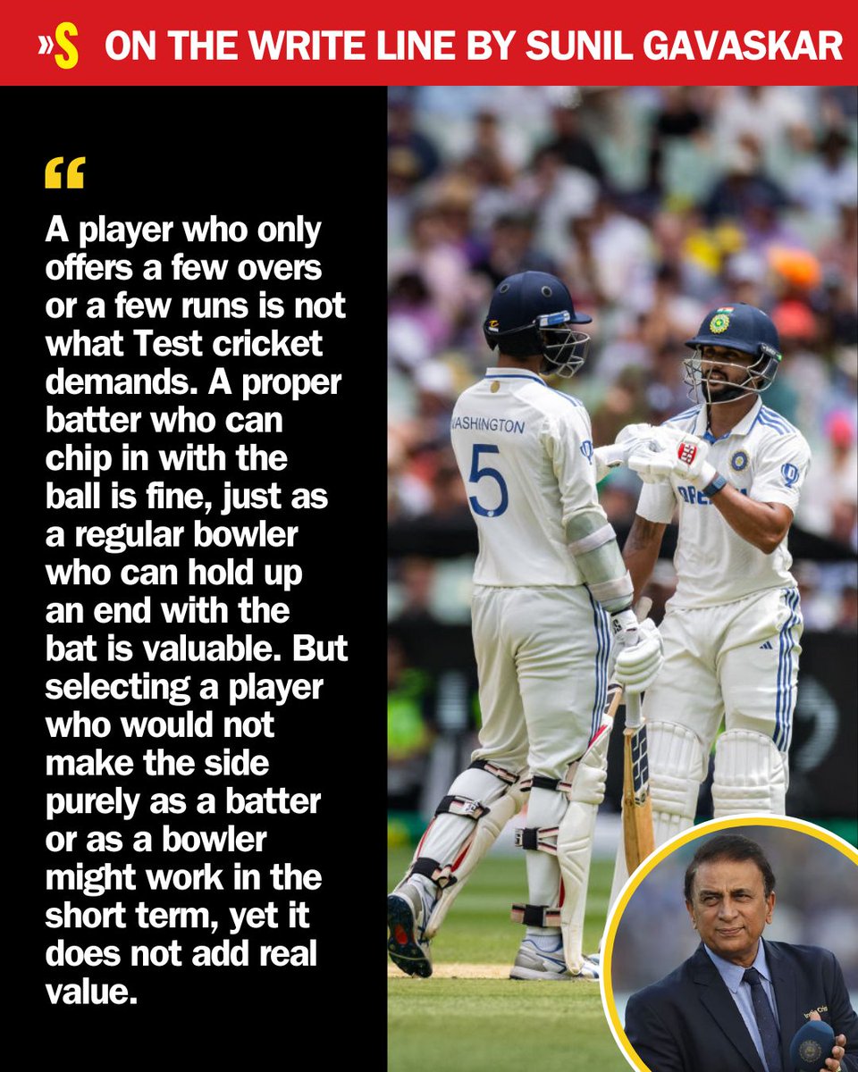 sportstarweb's tweet photo. "Picking someone who cannot find a place simply as a batter or purely as a bowler may work in the short term, but it does not add value to the team," writes Sunil Gavaskar in his latest column.

#OnTheWriteLine ➡️ https://t.co/l7kWavamsa https://t.co/y1bWur91Ou
