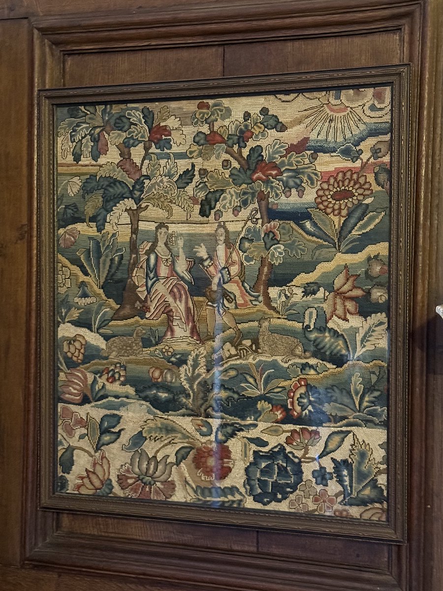 RAGriggsauthor's tweet image. A framed wool and silk tapestry panel, worked in gros  point and petit point on display at National Trust Croft Castle. @NTCroftCastle 

Date unknown . 

#textiletuesday