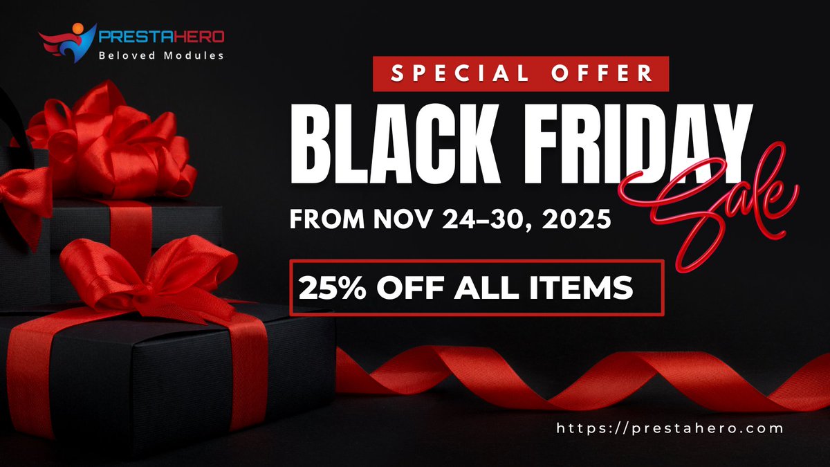 prestahero's tweet image. Ready, set, 𝐁𝐥𝐚𝐜𝐤 𝐅𝐫𝐢𝐝𝐚𝐲!🛒

From Nov 24–30, all PrestaHero modules are 25% OFF🎉

We’re so happy to bring you this deal — a little treat to make your store better and your day brighter ✨

Grab it before the week ends👉 t2m.io/svYH6CUY
#BlackFriday #PrestaShop