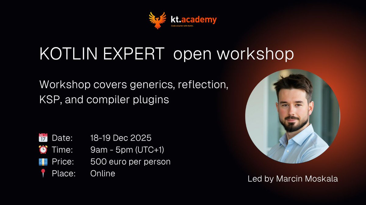 marcinmoskala's tweet image. I’m opening registration for the next Kotlin Expert open workshop — two days focused entirely on advanced Kotlin.
👉 kt.academy/workshop/expert
We’ll go deep into generics, reflection, KSP, and compiler plugins, while building real tools like a mocking library or serializer.
This…
