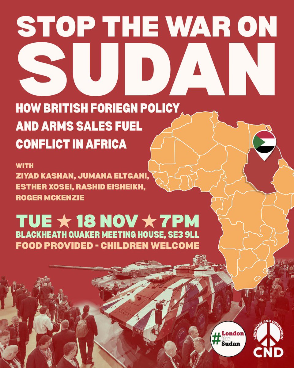 #HandsOffSudan
In person meeting with Q+A

📆 Tuesday, 18 November 
⏰ 7pm
📍 Blackheath Quaker, SE3 9LL

Food provided-children welcome
outsavvy.com/event/31282/st…