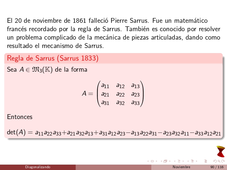 diagonalizando's tweet image. On November 20, 1861, Pierre Sarrus passed away. He was a French mathematician remembered for Sarrus&apos; rule. He is also known for solving a complicated problem in the mechanics of articulated pieces, resulting in the Sarrus mechanism.
#LinearAlgebra
