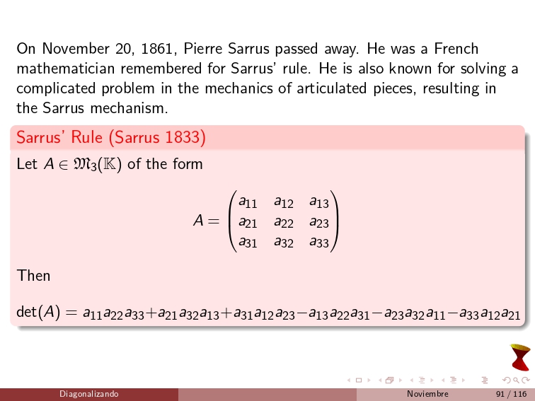 diagonalizando's tweet image. On November 20, 1861, Pierre Sarrus passed away. He was a French mathematician remembered for Sarrus&apos; rule. He is also known for solving a complicated problem in the mechanics of articulated pieces, resulting in the Sarrus mechanism.
#LinearAlgebra