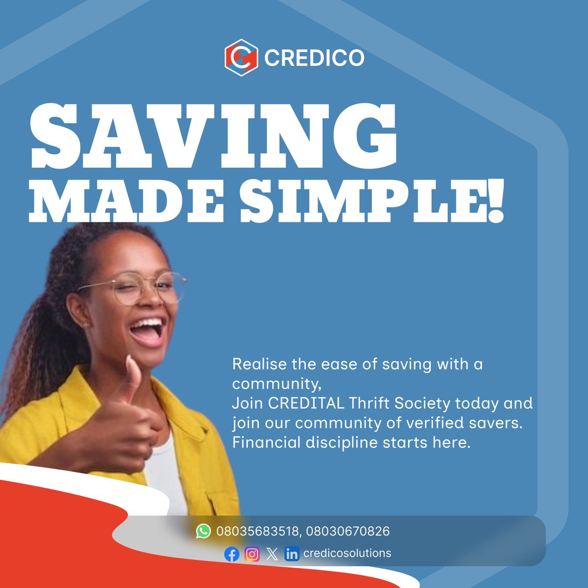 Credicosolution's tweet image. Savings don’t have to be complicated. 
Realize the power of saving together.
Build discipline alongside people who share your goals and consistency becomes second nature when you’re part of a supportive network.
Experience the benefit of saving with a community that empowers you.