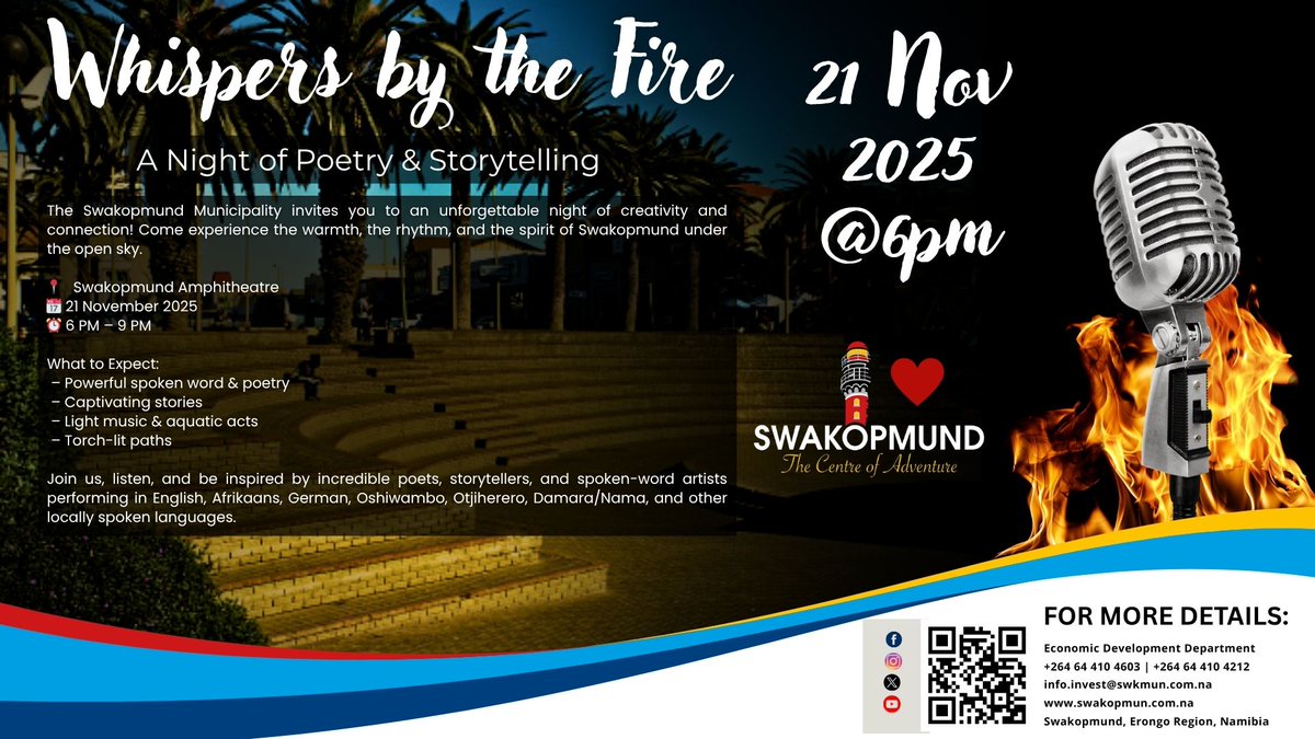 3 DAYS UNTIL WHISPERS BY THE FIRE

As the cool coastal breeze settles over Swakopmund, the night sky will come alive with words, rhythm, and connection. 

Join us for an unforgettable evening of poetry, storytelling, and spoken word beneath the open sky.