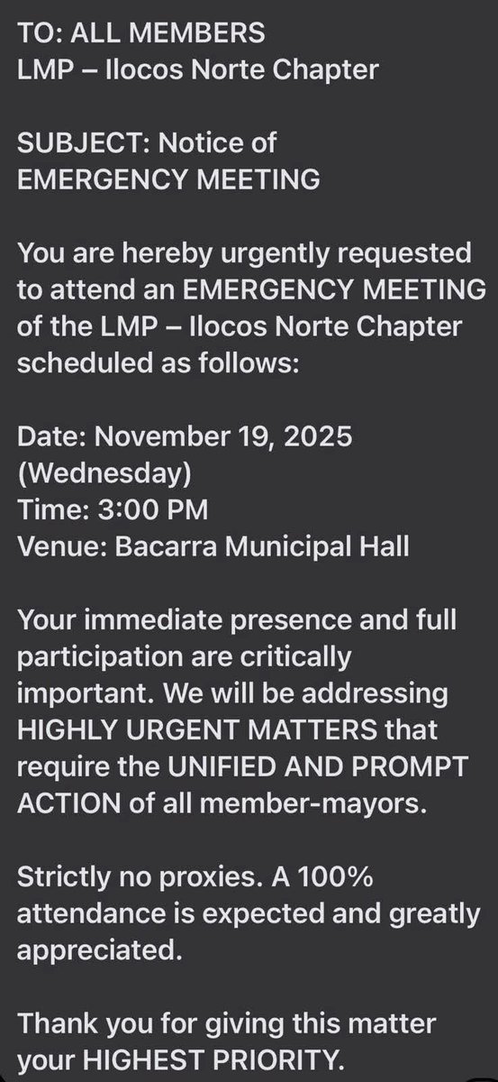 DeusXMachina14's tweet image. Looks like the League of Municipalities of the Philippines Ilocos Norte will do something that Imee Marcos won&apos;t like. She shared a message from the LMP Ilocos Norte re an emergency meeting. Seems the LMP Ilocos Norte will issue a statement supporting Sandro  and Marcos Jr. 😄