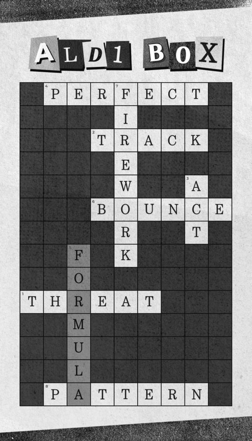 Black and white image of a word search puzzle grid with letters arranged in rows and columns. Words to find include Perfect Track Bounce Formula and Pattern listed on the left side. The title ALD1 BOX is at the top in bold letters. The puzzle is presented on a plain background with grid lines separating the letters.