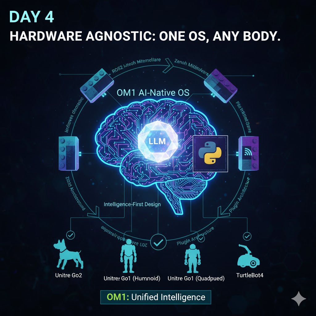 Preciou73024664's tweet image. Day 4/32: Proving OM1’s Hardware-Agnostic Claim

Today, we prove the core promise: OM1 runs the same AI software on any robot body.

1. The Challenge: Running identical AI on wildly different hardware (e.g. a quadruped vs. a humanoid) requires abstracting all physical…