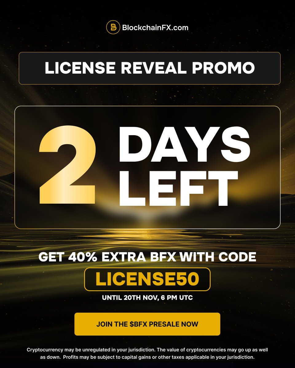 BlockchainFXcom's tweet image. ⏳ Only 2 days left!

Use LICENSE50 to get 40% extra BFX during the promo.

Offer ends 20th Nov, 6 PM UTC.

Join the $BFX presale now 👉 BlockchainFX.com

#BFX #BlockchainFX #Promo #Presale #Crypto #Web3