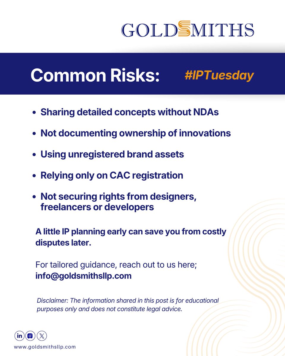 GoldsmithsLLP's tweet image. Understanding how IP works is essential to preventing avoidable disputes; strengthening founder control; and protecting long term value in Nigeria’s fast growing startup ecosystem.
#IPTuesday 
#IntellectualProperty 
#GoldsmithsLLP