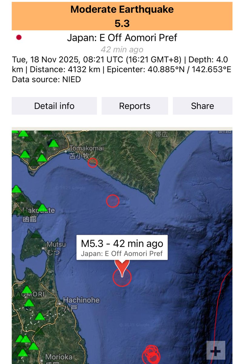 AstroFluxLab's tweet image. M5.3: A moderate but significant #earthquake. E off aomori pref, Japan, located in a critical section of the Japan trench, a highly active subduction zone. Depth: 4.0 km: Extremely shallow, indicating strong potential for local shaking and energy release near the surface.