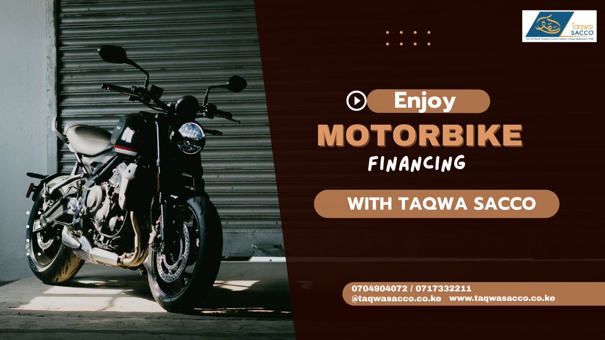 Ready to hit the road? 🚀

Enjoy flexible and Shariah-compliant motorbike financing with Taqwa SACCO. Own your motorbike the halal way!

Call: 0704904072 / 0717332211