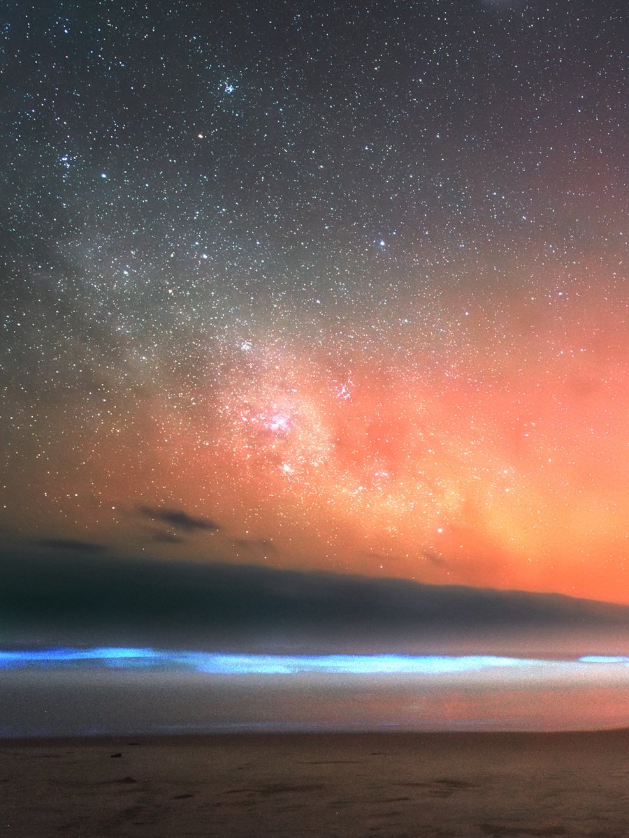 Haru_koala's tweet image. オーロラが出た夜(11/12)、タイムラプス用に撮ってた画像を見返したら、海に夜光虫が写ってた！いつか天の川と夜光虫を一緒に撮りたいと思ってたけど、まさか（冬の）天の川+夜光虫＋オーロラが同時に撮れるとは思わなかったわ。