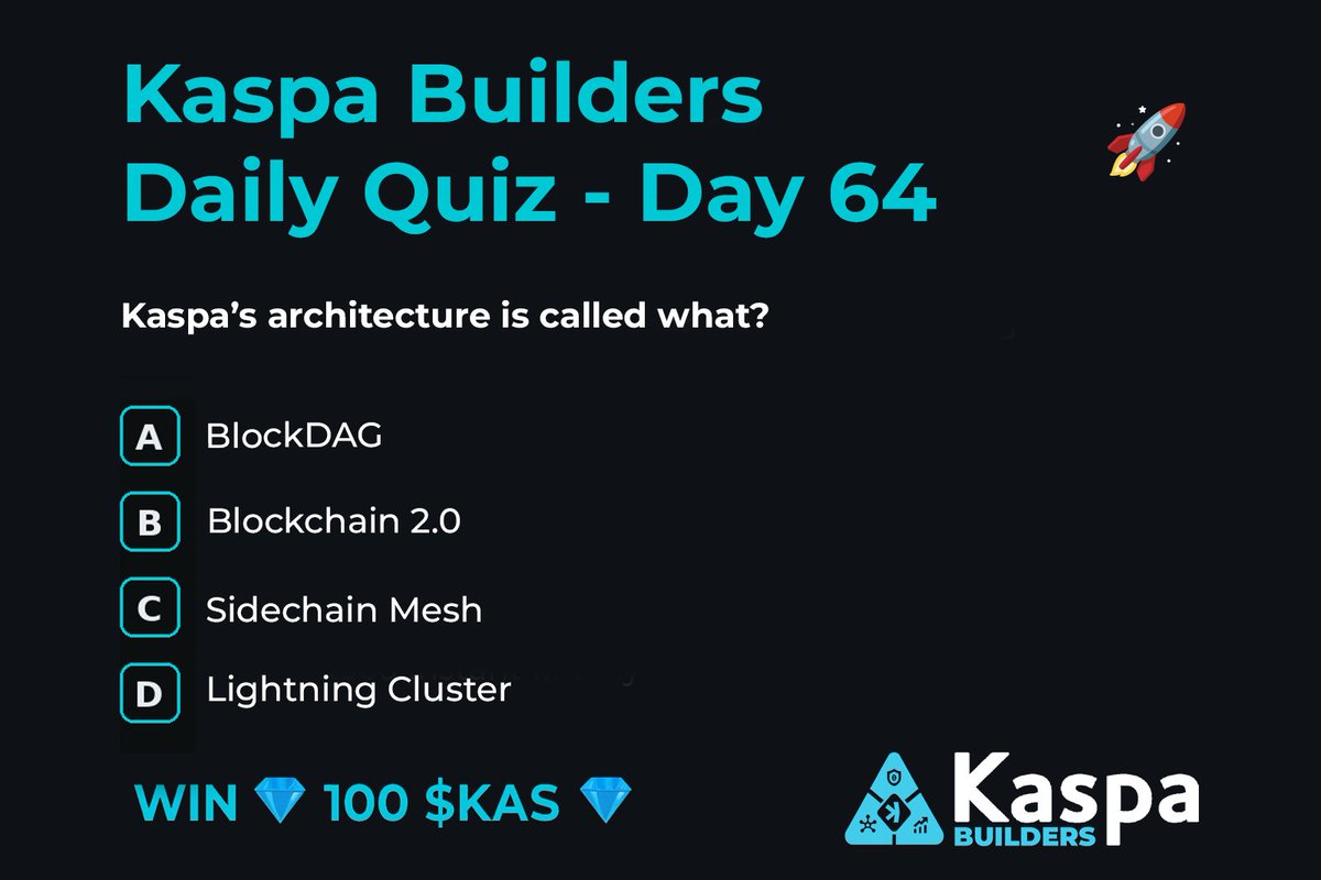 🚀 Kaspa Builders Daily Quiz Giveaway – Day 64 🚀

Win 💎 100 $KAS 💎

❓ Question of the Day:

Kaspa’s architecture is called what?

A) BlockDAG
B) Blockchain 2.0
C) Sidechain Mesh
D) Lightning Cluster

How to enter:

1️⃣ Reply with the correct answer (A/B/C/D)
2️⃣ Tag 3 friends