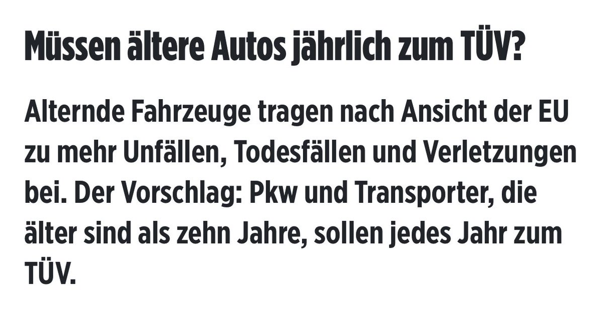 So ein Schwachsinn, nicht ältere Autos tragen zu mehr Unfällen bei, sondern die Tatsache, dass kaum ein Fahranfänger einen Neuwagen fährt. 

Ich wette, dass 99% aller Unfälle durch den Fahrer und nicht durch das Fahrzeug verursacht werden. 

Die EU hält uns alle für völlig