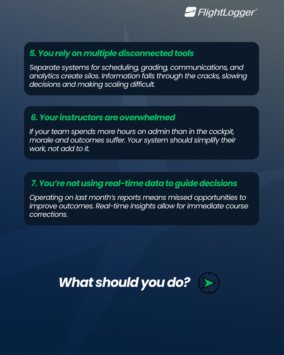 FlightLogger1's tweet image. Your flight school is growing... can your systems keep up?📈

⚠️ We’ve identified 7 warning signs that your training management system be holding you back.

➡️ Swipe.
📖 Read the full blog post here: eu1.hubs.ly/H0pKRhJ0

#FlightLogger