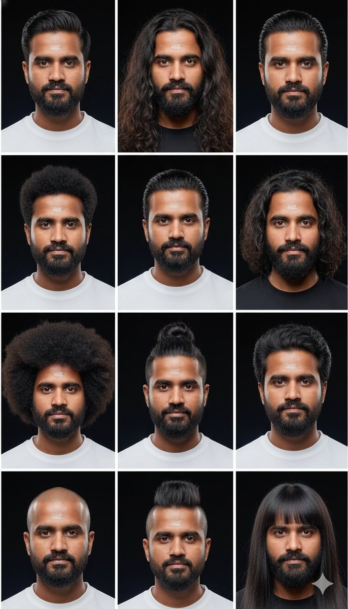 Makkalsevai2's tweet image. 🔥இந்த மாதிரி different hair ஸ்டைலில் உங்க image ai மூலம் உருவாக்கலாம்

Step 1 : open gemini
Step 2 : upload your photo
Step 3 : enter the prompt

{
  &quot;prompt&quot;: &quot;A 3x3 grid of nine photorealistic, portrait-style close-ups of the same middle-aged man with dark hair and a goatee,…