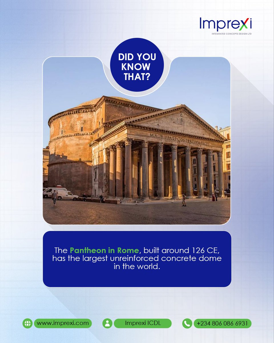 imprexiICDL's tweet photo. Pantheon in Rome was built around 126 CE, and what makes it so amazing is that its giant concrete dome is still the biggest unreinforced dome in the world. Imagine a building almost 2,000 years old still outsmarting modern construction - that’s the power of ancient architecture. https://t.co/7Hn9h6gPBL
