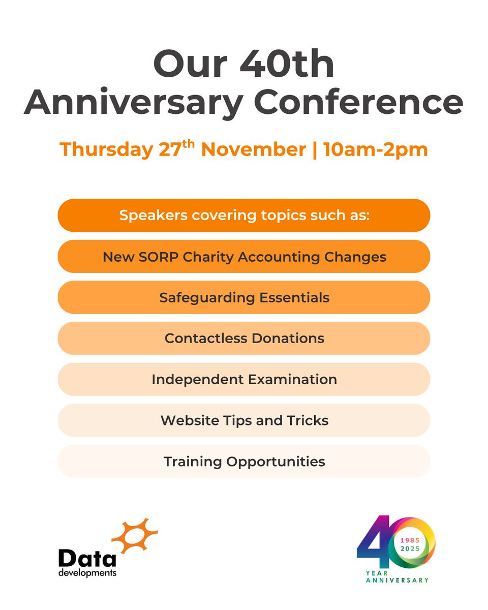 data_dev's tweet image. Our 40th Anniversary Conference is almost here!

Join us as we celebrate four decades of Data Developments, with inspiring speakers, community stories, and insights from across the Church and Charity sector.

Book here: datadevelopments.co.uk/Open-day 

#WorkAnniversary #SaveTheDate