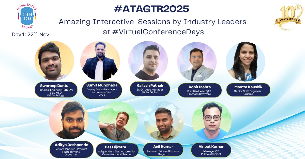 TestingRetreat's tweet image. Don’t miss these insightful interactive sessions featuring dynamic and inspiring industry leaders.

Get ready for 9 power-packed interactive sessions on Day 1 – 22nd Nov 2025

Save your spot. Shape the future. Check the schedule : 
gtr.agiletestingalliance.org/schedule/