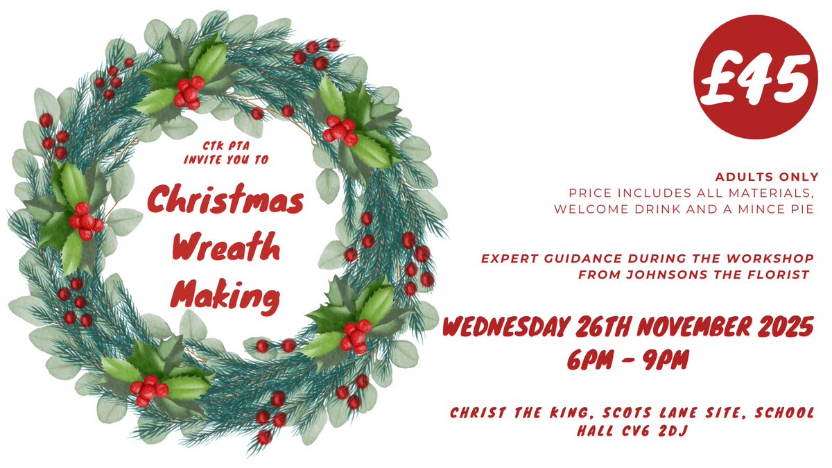 CTKPTACov's tweet photo. There is still time to book on our Wreath making Workshop - Booking closes this Friday 21st November.
The workshop is 26th November in the Scots Lane School Hall 6pm - 9pm
Tickets are £45 &amp; include materials, welcome drink &amp; mince pie.
https://t.co/GZkEth77eU
@CTKPrimaryCov https://t.co/UwfEZEBEMx