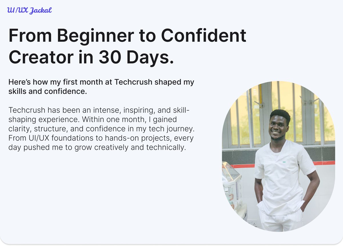uiuxjackal's tweet image. My first month at Techcrush introduced me to the world of structured tech learning. 
#TechcrushOneMonthRecap #Tech4AfricansScholars
@TechCrushHQ @Meedayyy @JoshOpaleke