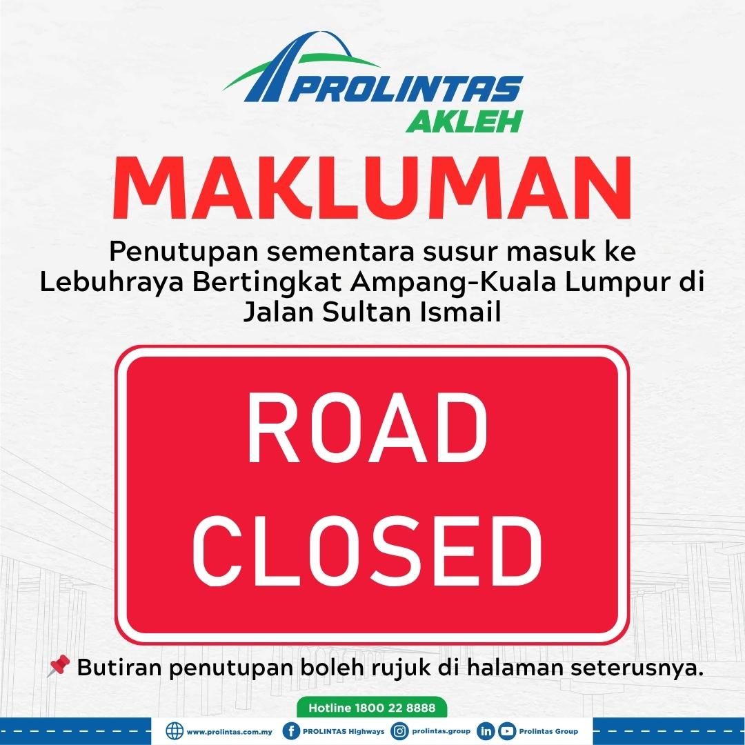 AKLEHtrafik's tweet photo. 📢 MAKLUMAN | AKLEH

Penutupan sementara melibatkan susur masuk ke Lebuhraya Bertingkat Ampang–Kuala Lumpur di Jalan Sultan Ismail.

🔀 Laluan alternatif ke AKLEH → Jalan Raja Abdullah

Pemandu dinasihatkan untuk mematuhi arahan petugas di lokasi dan merancang perjalanan anda. https://t.co/87iEupigTy