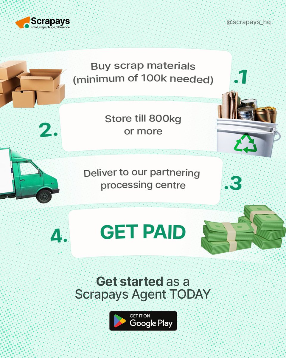 scrapays_HQ's tweet image. Start your journey as a Scrap business owner today.

Download the Scrapays Agent App on Play Store TODAY!

#Scrapays #Scrapbusinessowner
