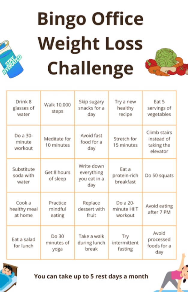 TehmeenaYo93964's tweet image. Ready to level up your wellness game Join the Bingo Office Weight Loss Challenge and turn healthy habits into a fun competition
What square are you tackling first 8 glasses of water 10,000 steps or  10 mins of meditation
Let the challenge begin #OfficeChallenge #WeightLossJourny