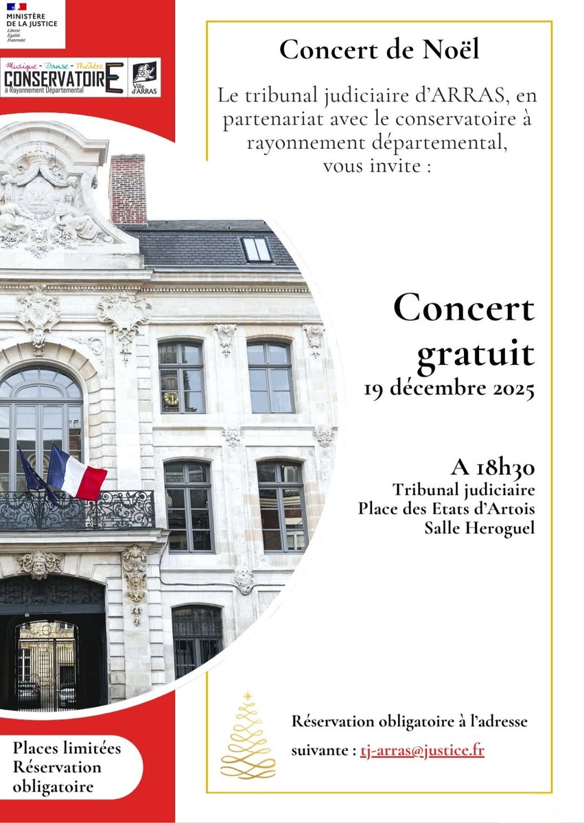 Concert de Noël
A l'occasion des fêtes de fin d'année, le tribunal judiciaire organise, en partenariat avec le conservatoire à rayonnement départemental, un concert gratuit le 19 décembre à partir de 18h30.
❗️Inscription obligatoire.
Venez nombreux !
#Arras #Noël #musique