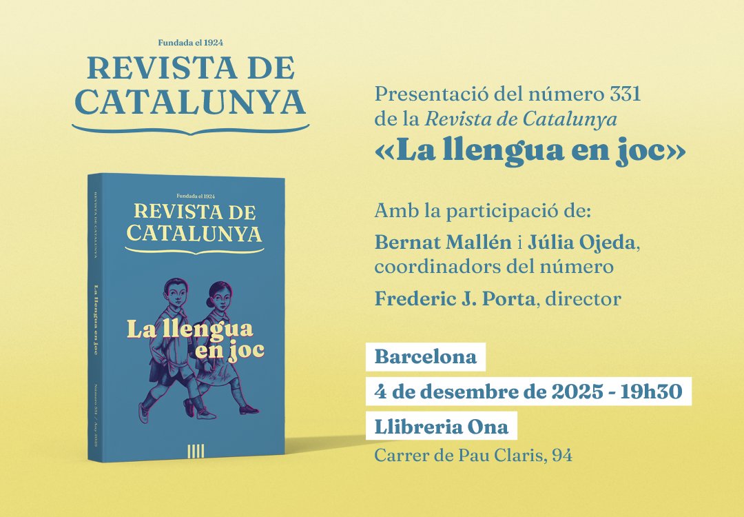 fredericjporta's tweet image. La @RevistaCat es transforma de cap a peus. Tornem als orígens: nova estètica, nova estructura i un número dedicat a l&apos;emergència lingüística coordinat per @bernatmallen i @juliaojedacaba amb els principals experts en el tema. El presentem a @OnaLlibres el dia 4
