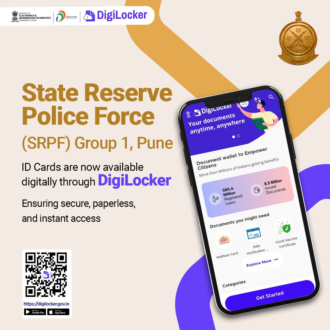 digilocker_ind's tweet image. State Reserve Police Force (SRPF) Group 1, Pune
ID Cards are now digitally available on DigiLocker, offering secure, instant, and convenient access for personnel.
Empowering seamless, paperless governance.
#DigiLocker #DigitalIndia #SRPF #Maharashtra #eGovernance #PaperlessAccess