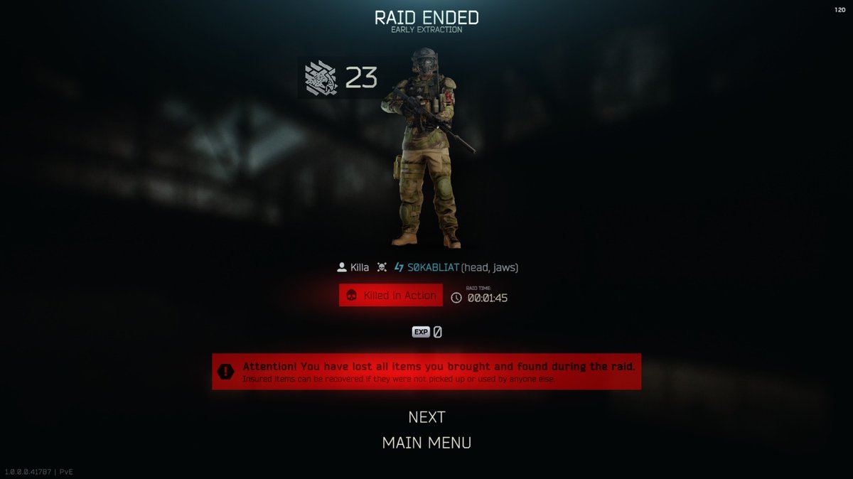 I think this is why insurance doesn't work on PvE, u get KIA or MIA when killed by a boss or guard 🥲
In 3 day of raids I only got back what I dropped on the floor
<a href="/nikgeneburn/">Nikita Buyanov</a> <a href="/bstategames/">Battlestate Games</a> <a href="/Gigabeef/">Gigabeef</a> <a href="/VeryBadSCAVR/">VeryBadSCAV</a> <a href="/NoiceGuy_/">NoiceGuy</a>