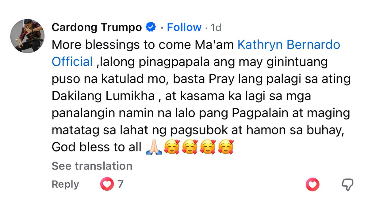 Nagcomment pala si Tay Cardo sa blue app post ng Star Magic kay Kathreng 😇
Thank you Tay Cardo 🥹.

#KathrynBernardo