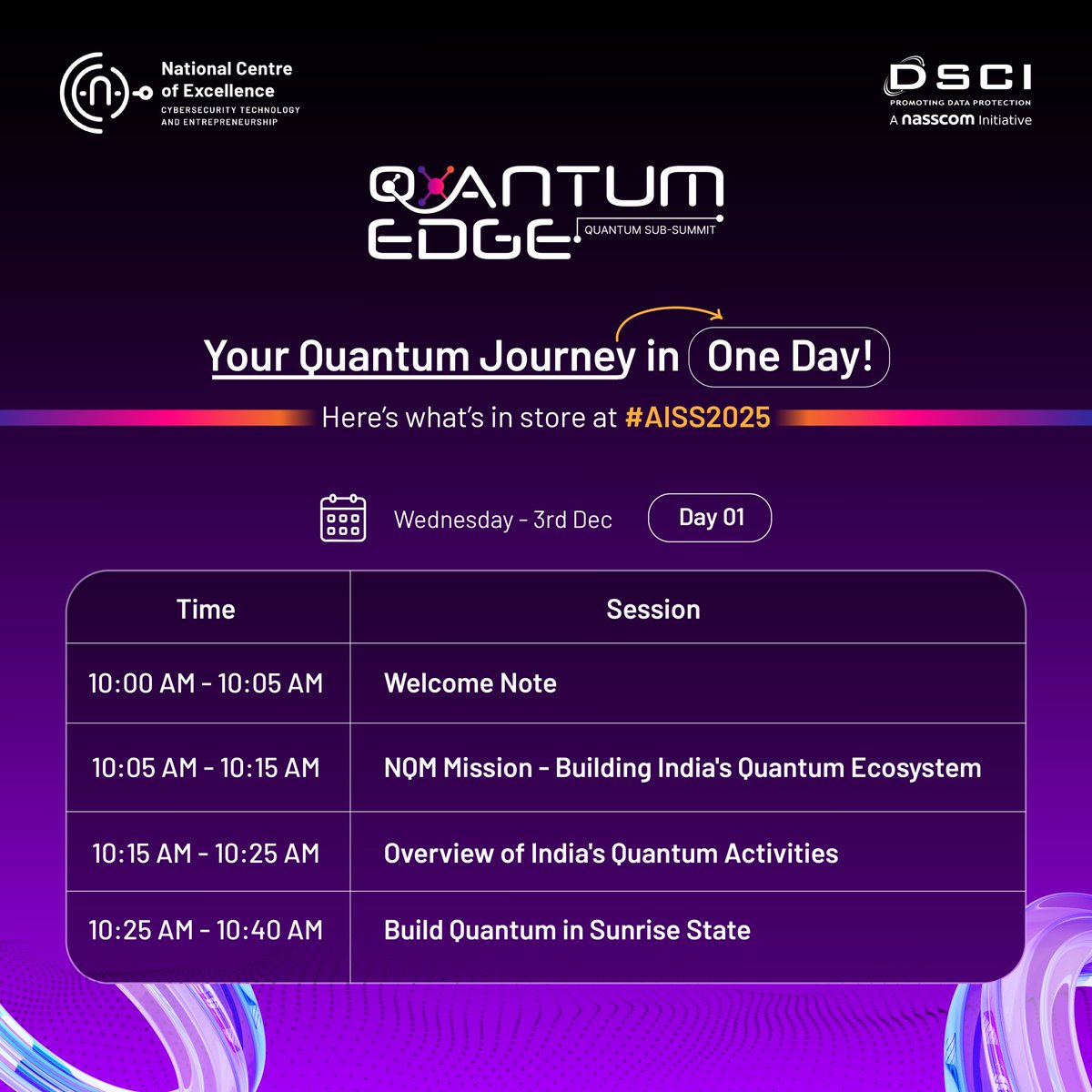 CoeNational's tweet image. As quantum shifts from ideas to implementation, the ecosystem needs clarity and direction.

#QuantumEdge at #AISS2025 opens that conversation with experts and innovators from across the field.

Explore the agenda and be part of the dialogue :dsci.in/event/aiss-202…

@DSCI_Connect