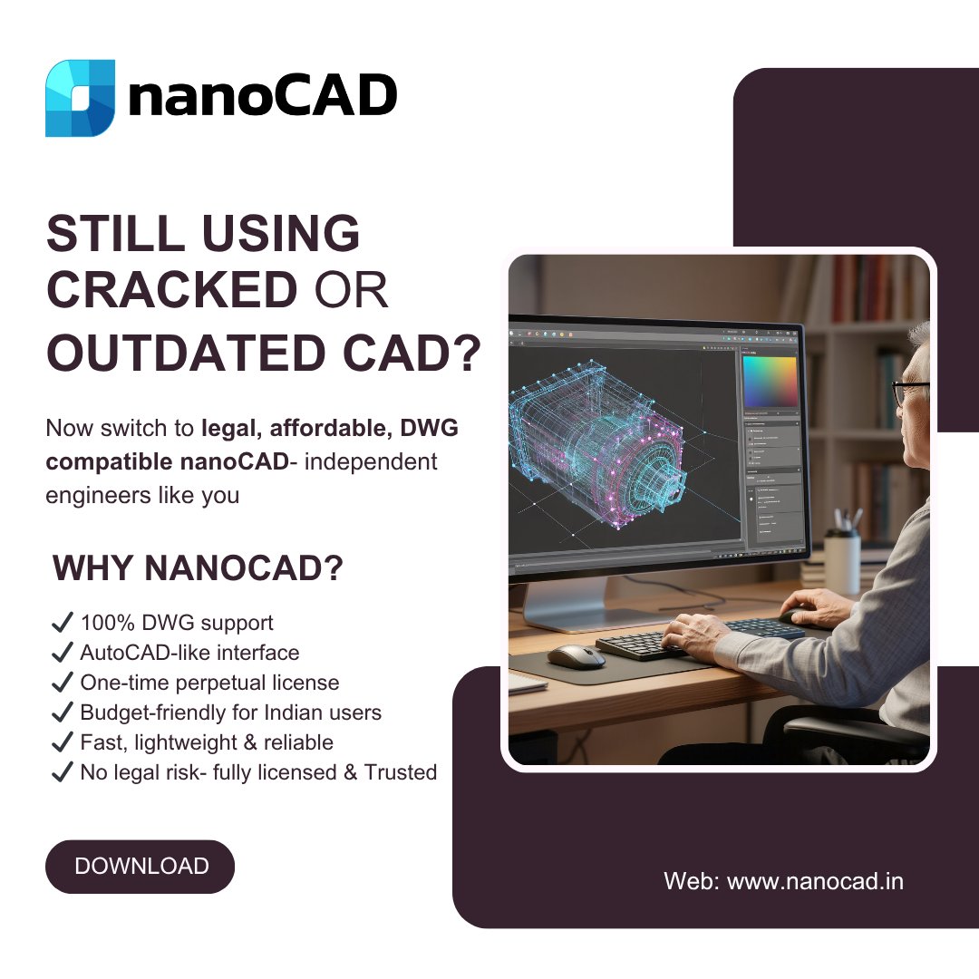 IndiaNanocad's tweet image. ⚠️ Ditch cracked CAD. Switch to nanoCAD-  the legal, budget-friendly choice.

To know more visit at nanocad.in
Experience nanoCAD Now nanocad.in/Alternative-CAD

#EngineeringDesign #AffordableCAD #CADAlternative #CostEffectiveCAD #CADSolutions #ArchitecturalDesign