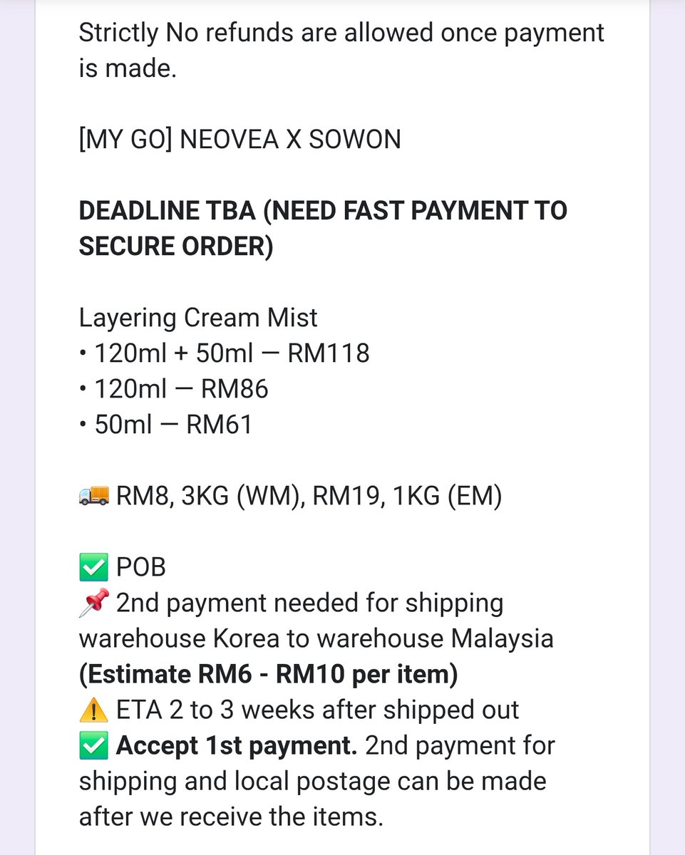 MYBuddyShine's tweet image. [🇲🇾 MY GO] NEOVEA X SOWON

DEADLINE TBA

Layering Cream Mist
• 120ml + 50ml — RM118
• 120ml — RM86
• 50ml — RM61

🚚 RM8, 3KG (WM), RM19, 1KG (EM)
📌 2nd payment required

Order here: shorturl.at/BKLBv

#SOWON #GFRIEND #wts