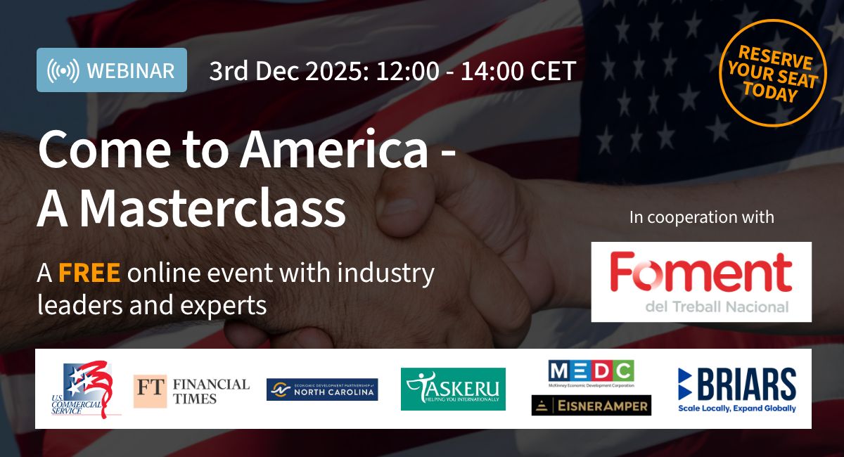 blwgrowth's tweet photo. Come to America - A Masterclass
Join us for this FREE Webinar in cooperation with Foment del Treball Nacional.
This event brings together experts from business and industry to guide companies exploring expansion into the US.
Register today: https://t.co/lbcCL0e83d https://t.co/L4bUjC4y9y