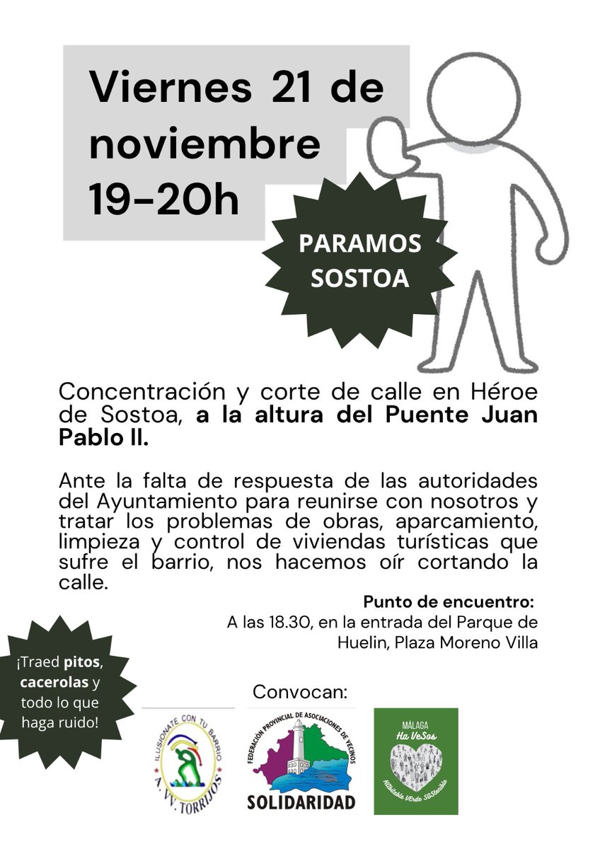Los vecinos y vecinas vuelven este viernes 21 de noviembre a la calle ante la falta de respuesta y diálogo con el ayuntamiento para tratar los diferentes problemas en el barrio. Los convocantes anuncian que cortarán Héroe de Sostoa