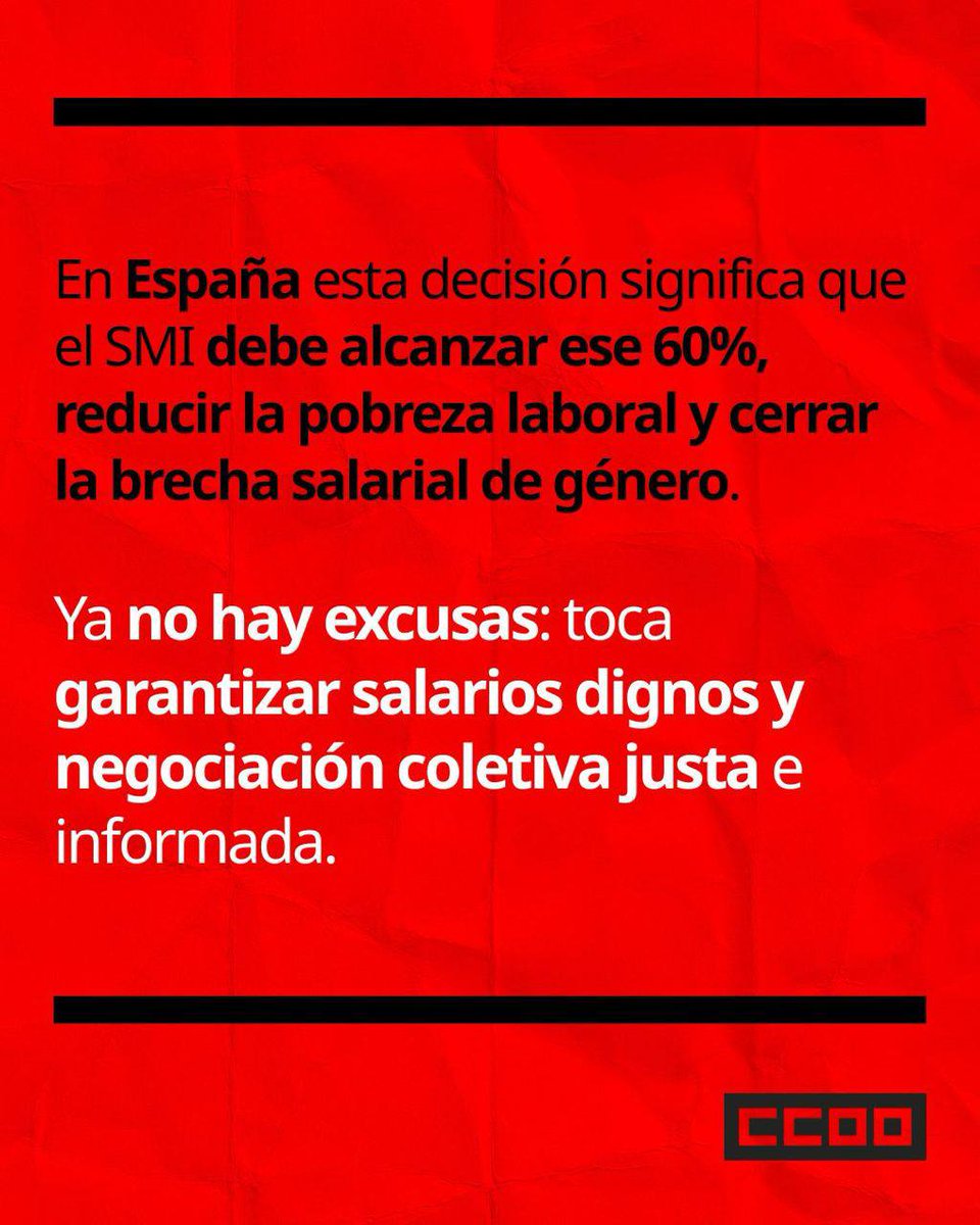 ‼️El TJUE ratifica la Directiva de salarios mínimos en Europa.

👉 Es una oportunidad para que España asegure un SMI digno, refuerce la negociación colectiva y avance en la igualdad salarial.

Lee la noticia completa aquí: 👇

ccoo.es/noticia:741594…

#CCOOseMueve