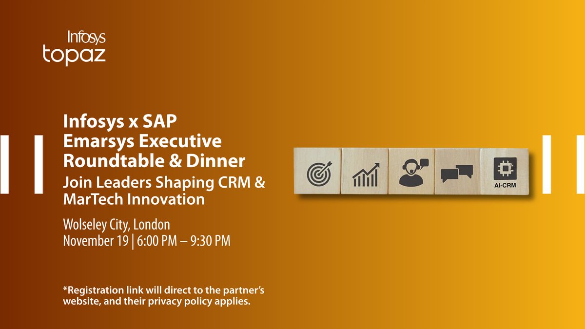 InfosysEvents's tweet image. Leaders shaping #CRM &amp;amp; #MarTech innovation are meeting in London. Don’t miss out! bit.ly/3WAZ73K

#InfosysTopaz #InfySAPservices #CustomerExperience #DigitalInnovation #ExecutiveRoundtable #AI