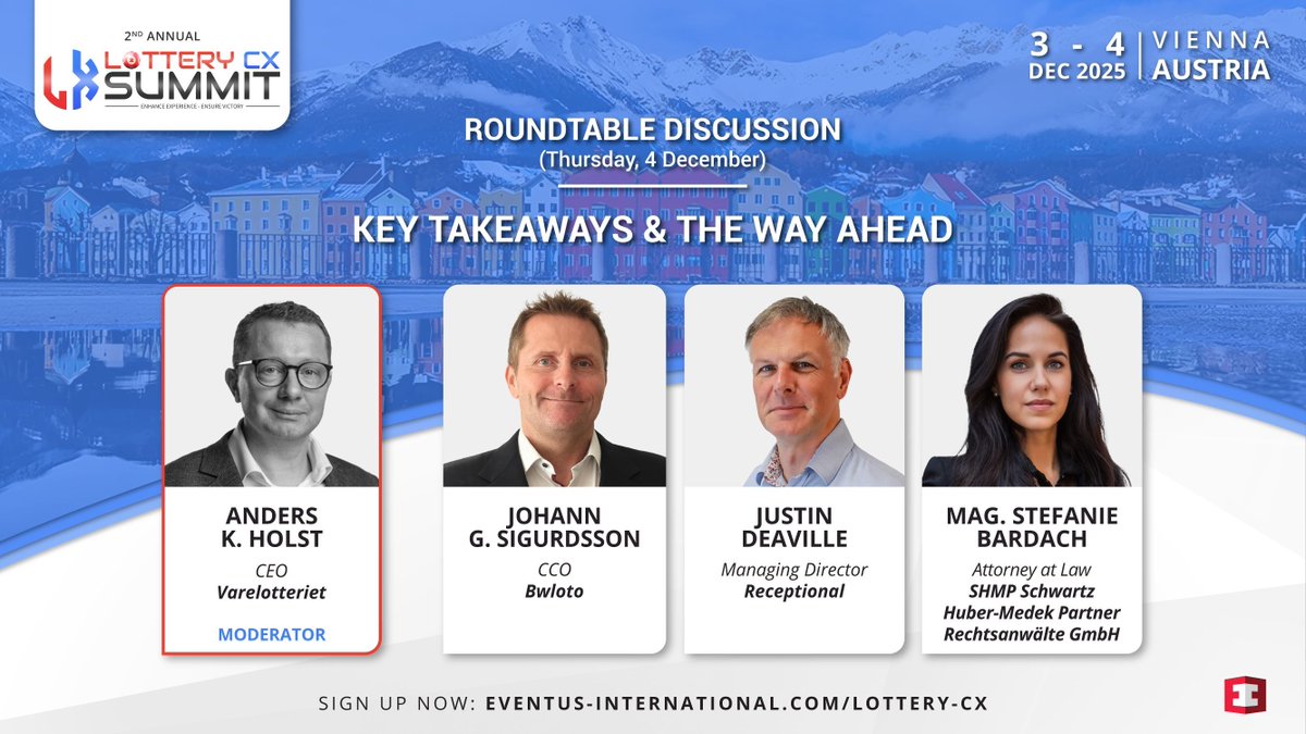 EventusInt's tweet image. At the Lottery CX Summit, our closing roundtable discussion brings together a powerful group of leaders who are actively redefining how lotteries operate, innovate, and compete.
 
Register now: eventus-international.com/lottery-cx
