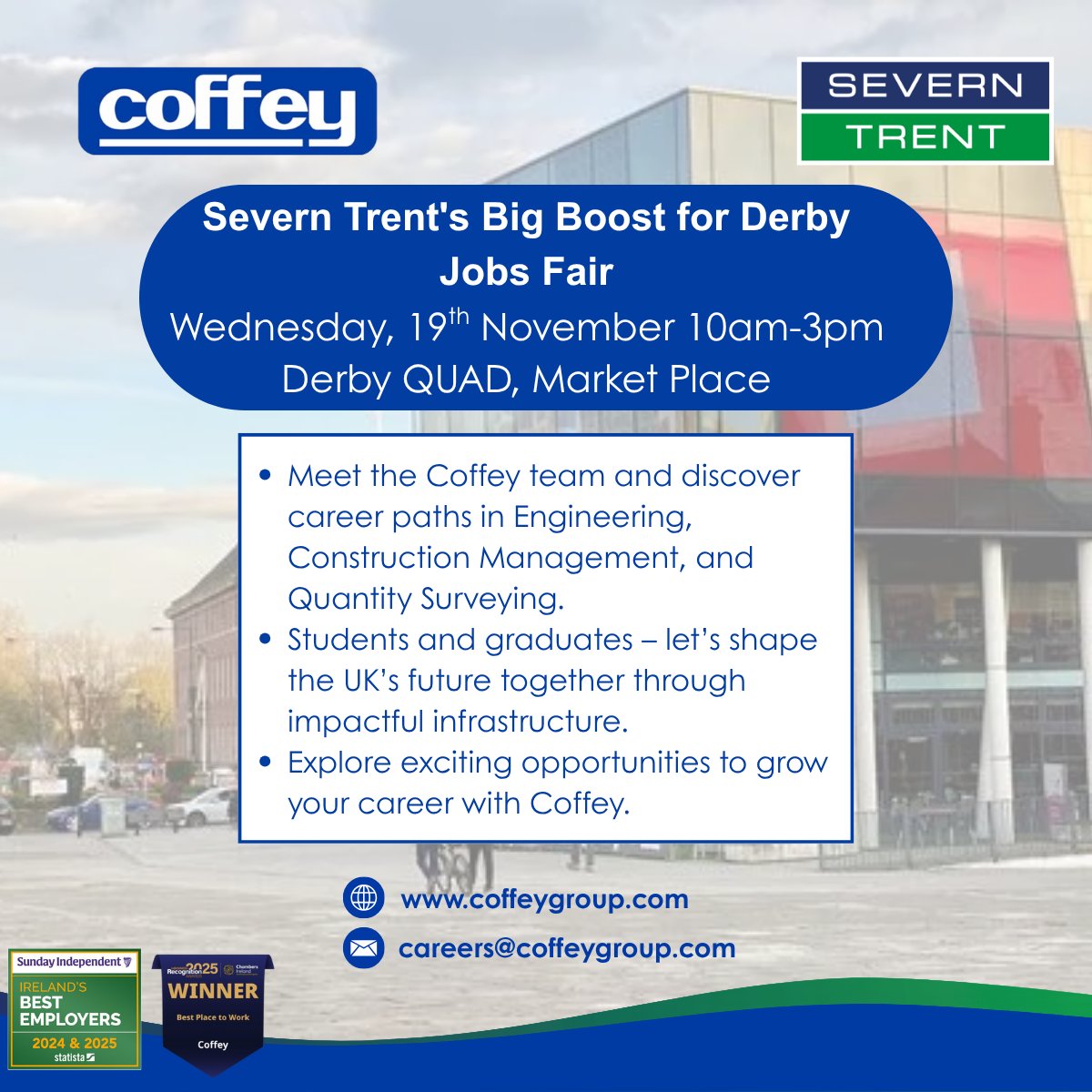<a href="/CoffeyGroup/">Coffey</a>  is at the <a href="/stwater/">Severn Trent</a> Big Boost for Derby Jobs Fair tomorrow!
📍 Derby QUAD | 🗓 19 Nov | ⏰ 10am–3pm
Looking to launch your career in engineering or construction? Come meet us!
Can’t attend? Email careers@coffeygroup.com
#Coffey #BigBoostforDerby
