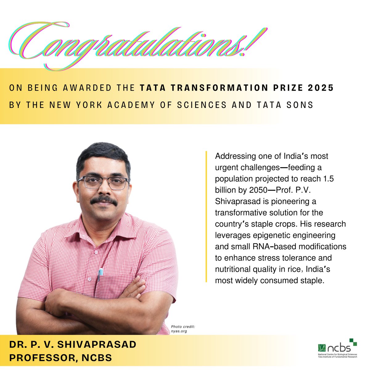 📢🌟We are very excited to share that Professor
<a href="/shivaprasad_pv/">Shiva prasad</a> is the Food Security Winner for the Tata Transformation Prize 2025 by <a href="/NYASciences/">NYAS</a>
and <a href="/TataCompanies/">Tata Group</a> for his transformative work on developing climate-resilient rice varieties🌾

🔗nyas.org/press-release/…