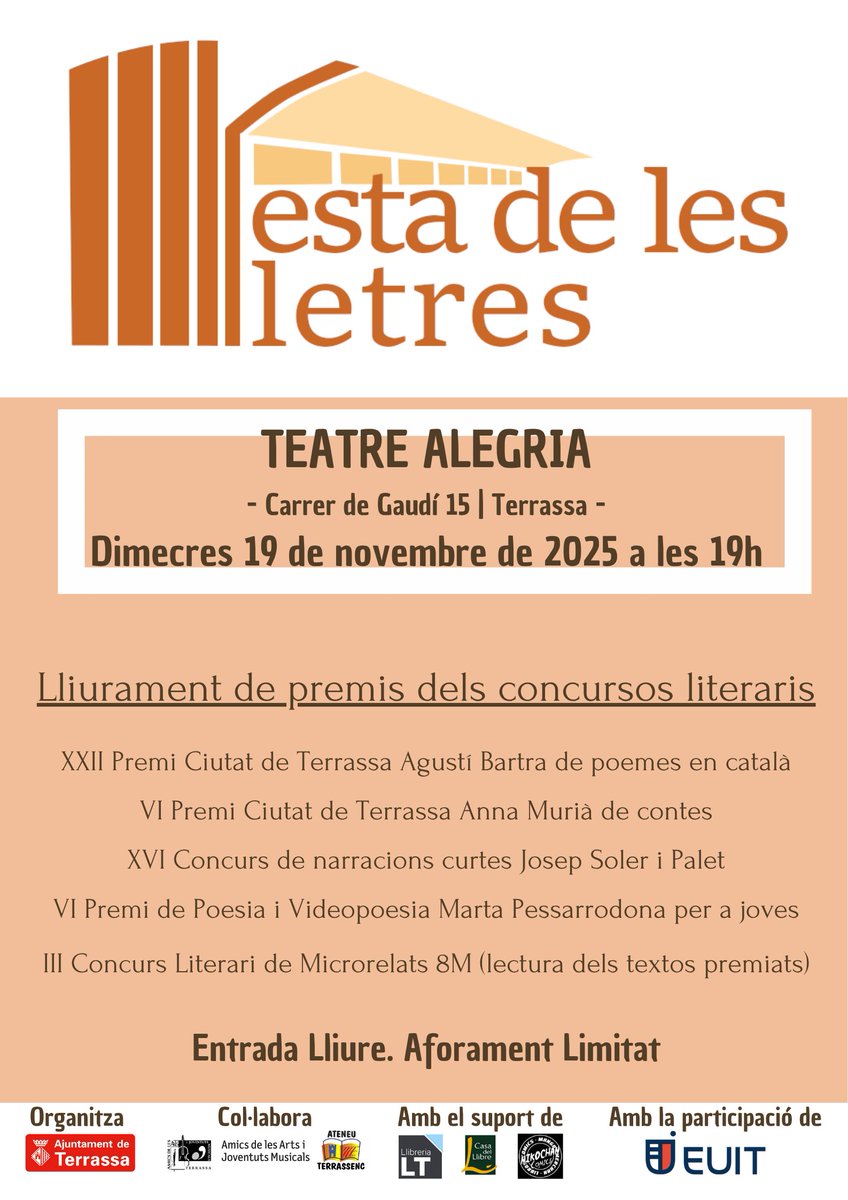 EuitBiblioteca's tweet image. 📚✍️La Biblioteca de la @euit_terrassa participa demà en la 4a Festa de les Lletres amb la lectura dels textos premiats al 3r Concurs Literari de Microrelats que convoca la FdSL pel #8M @ajterrassa 

📖Llegiu-los!👉 euit.koha.es/cgi-bin/koha/o…...