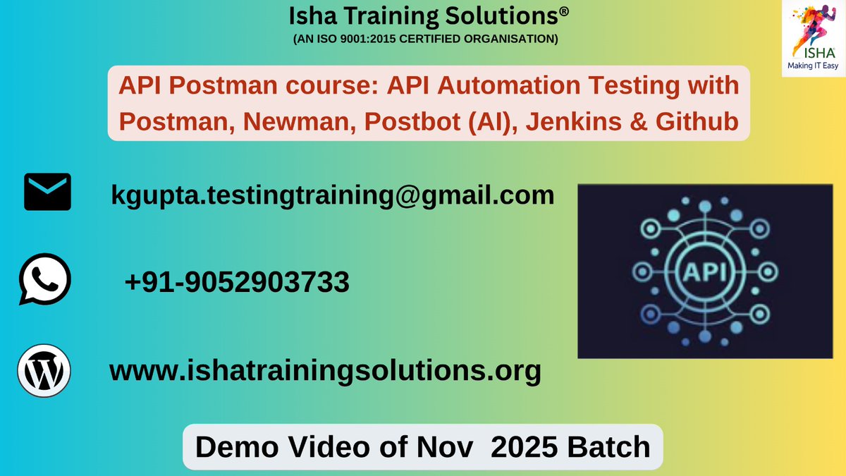 IshaKumargupta's tweet image. API Postman course-Demo Video
youtu.be/p9cMUFaP6Kk
Enrollments are still in progress
Regular sessions will start from:
18th Nov@9PM(IST)/18th Nov@10:30AM(EST)
The course Price:6,900 INR/89USD
call/WhatsApp@+91-9133190573/8977922427
#APITesting
