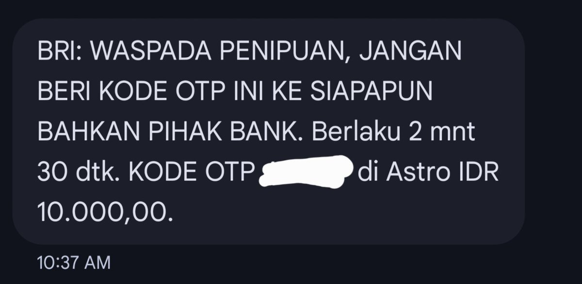 orangkamar's tweet photo. Tiba-tiba dikirimi OTP oleh BRI. Saya ga pernah transaksi di Astro, bahkan ga tahu Astro itu jin apa. Dari nominal keknya sih verification charge. Tokopedia Card saya dipakai di Toped aja, jadi kok bisa si kampret dapat rincian kartu kredit saya? How?

@BANKBRI_ID @TokopediaCare https://t.co/oaETzar514